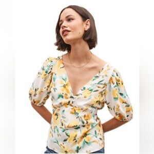 NWOT GAP Puff Sleeve Linen-Blend Peplum Top Yellow & Teal Floral Print Women’s L